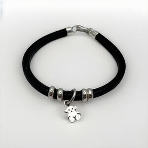 950 Sterling Silver Black Leather Bracelet Bear Charm